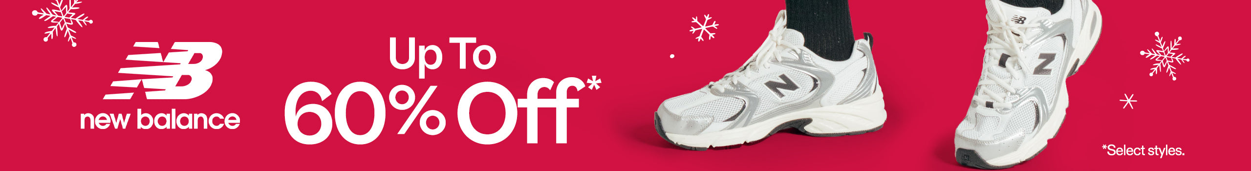 New Balance promotional banner with shoes and discount text on a red background