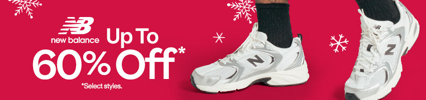 New Balance promotional banner with shoes and discount text on a red background