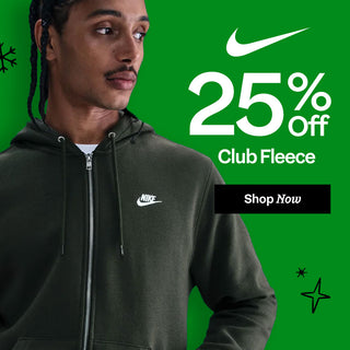 Man wearing a Nike hoodie with a promotional message on a green background