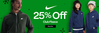 Promotional banner for Nike Club Fleece with discounts and people wearing the clothing.