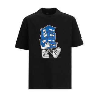 Youth black T-shirt with blue shoe mascot graphic on chest.