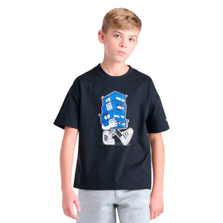 Youth black T-shirt with blue shoe mascot front graphic, short sleeves.