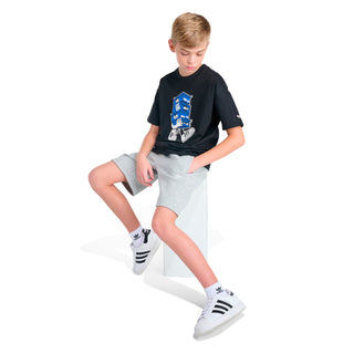 Youth black T-shirt with blue shoe mascot graphic, crew neck, short sleeves.