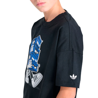 Youth black T-shirt with blue shoe mascot print and small white logo on sleeve.