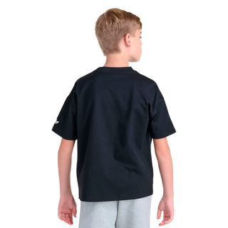Youth black T-shirt, back view, with small white logo near hem.