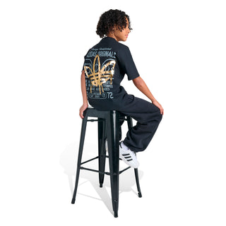 Youth dark graphic T-shirt with large back text collage and sports-style print