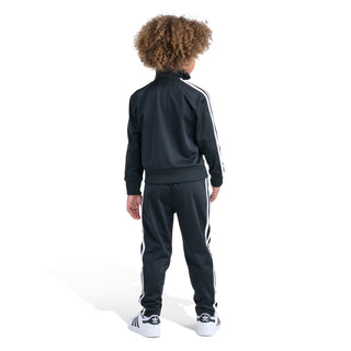 Kids black track set, back view: zip jacket and matching striped pants.