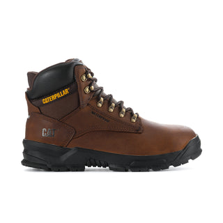 Dark brown lace-up work boot with black collar and padded tongue, Caterpillar logo