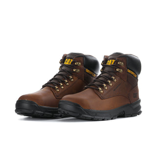 Pair of dark brown lace-up work boots with black rubber outsole and CAT side badge