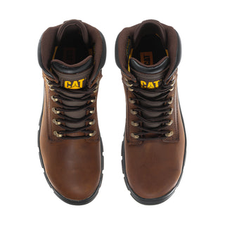 Dark brown lace-up boots, front view, padded collar and yellow CAT logo on tongue