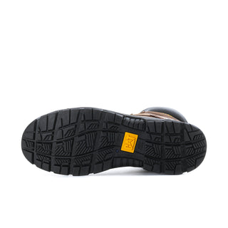 Black rugged tread outsole view with yellow CAT logo under the boot