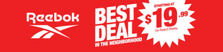 Reebok advertisement with a red background and white text highlighting a sale offer.