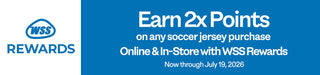 WSS Rewards promotion for earning double points on soccer jerseys with a blue and white background.