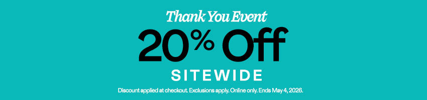 Promotional banner with 'Thank You Event' and '20% Off Sitewide' text on a blue background