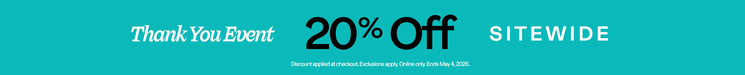 Promotional banner with 'Thank You Event' and '20% Off Sitewide' text on a blue background