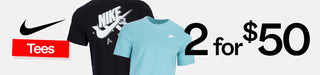 Promotional banner for Nike tees with black and blue shirts and a discount offer.
