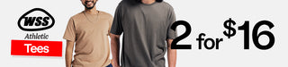 Two men wearing plain t-shirts with WSS Athletic Tees logo and promotional text on a white background.