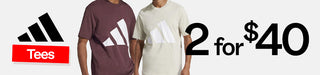 Two men wearing Adidas t-shirts with promotional text '2 for $40' on a white background.