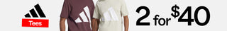Two people wearing t-shirts with Adidas logos and a promotional banner for '2 for $40'.