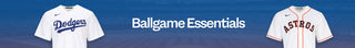 Two baseball jerseys, one for the Dodgers and one for the Astros, displayed against a blue background with 'Ballgame Essentials' text.