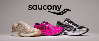 Saucony shoes. White and gold shoe, pink and black shoe, and black and silver shoe