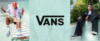 Vans campaign collage showing checkered Vans sneakers up close, a masked model poolside, a model seated outdoors in black Vans, and two models wearing striped socks with Vans lace-ups — Vans logo centered on mint green