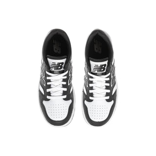 Kids' New Balance sneakers, black and white, top view with lace-up and 480 tag