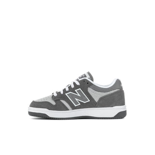 Kids New Balance sneakers, gray suede with white laces and side N logo
