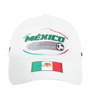 White Mexico strapback cap with MEXICO logo, soccer graphic, and red-green details