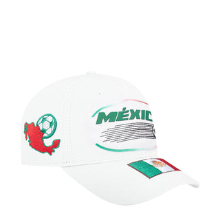 White Mexico soccer strapback cap with side MEXICO logo and Mexico flag patch