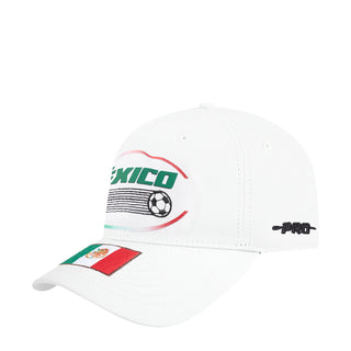 White Mexico soccer strapback cap with MEXICO logo, flag patch, and PRO side mark
