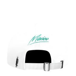 White Mexico strapback cap back with green Mexico text and adjustable buckle strap
