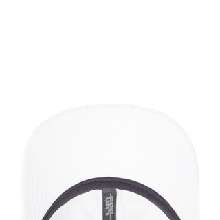 White strapback cap crown close-up with stitched panels