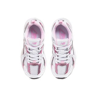 Kids running shoes top view, white mesh with pink tongue lining and laces