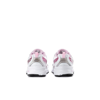 Kids running shoes back view, white uppers with pink heel panels