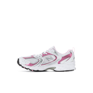 Kids running shoes side view, white with pink trim and gray N logo