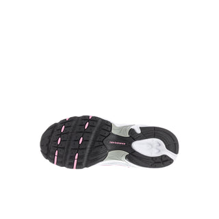 Kids sneaker outsole, black tread with pink traction details and white midsole