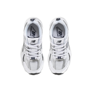 Kids' New Balance 530 sneakers, heel and tongue branding on white uppers