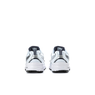 Kids' New Balance 530 sneakers, back view in white with navy collar trim