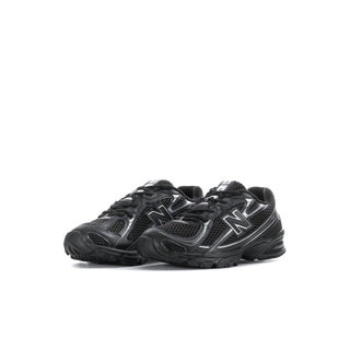 Kids black and silver metallic lace-up athletic sneakers with large N logo on side