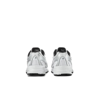 Kids silver metallic lace-up sneakers with black heel lining and white rubber sole