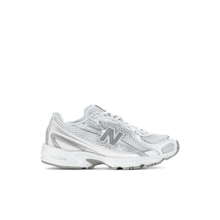 Kids white and silver metallic sneakers, angled side profile with cushioned sole