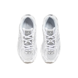 Kids white sneakers with silver metallic mesh upper, lace-up front, padded tongue
