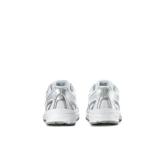 Kids white and silver metallic sneakers, back view with padded heel collar