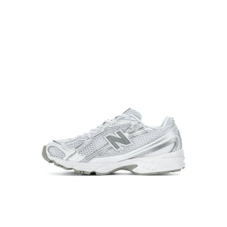 Kids white and silver metallic sneakers with large 'N' logo, lace-up side profile