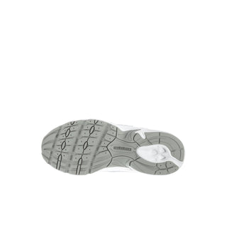 Kids white running sneakers with silver metallic accents, textured rubber outsole view