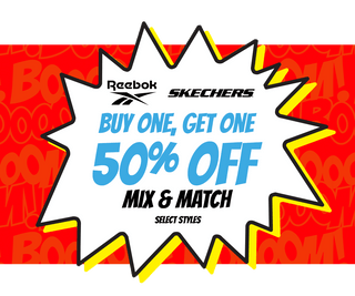 Mix & Match sale banner – Reebok and Skechers Buy One, Get One 50% Off on select styles. Shop Now.