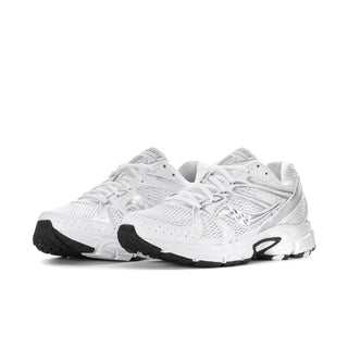 Pair of white and silver Ride Millenium women's running shoes, viewed from the front