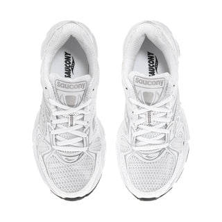 Top view of white and silver Ride Millenium women's running shoes with mesh uppers
