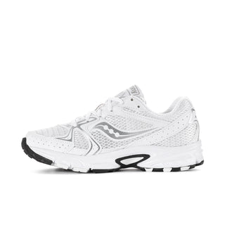 Side view of a white and silver Ride Millenium women's running shoe with mesh panels